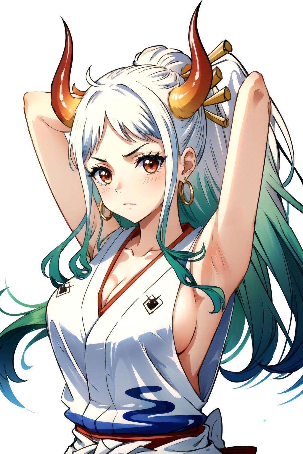 <lora:yamato_v2:1>yamato\(one piece\), hair ornament, kimono, oni, earrings, japanese clothes, 1girl, hoop earrings, sleeveless, hair stick, multicolored hair, looking at viewer, upper body, red eyes, solo, curled horns, horns, arms up, sideboob, green hair, cleavage, sleeveless kimono, long hair, jewelry, large breasts, blush, red horns, collarbone,portrait, 