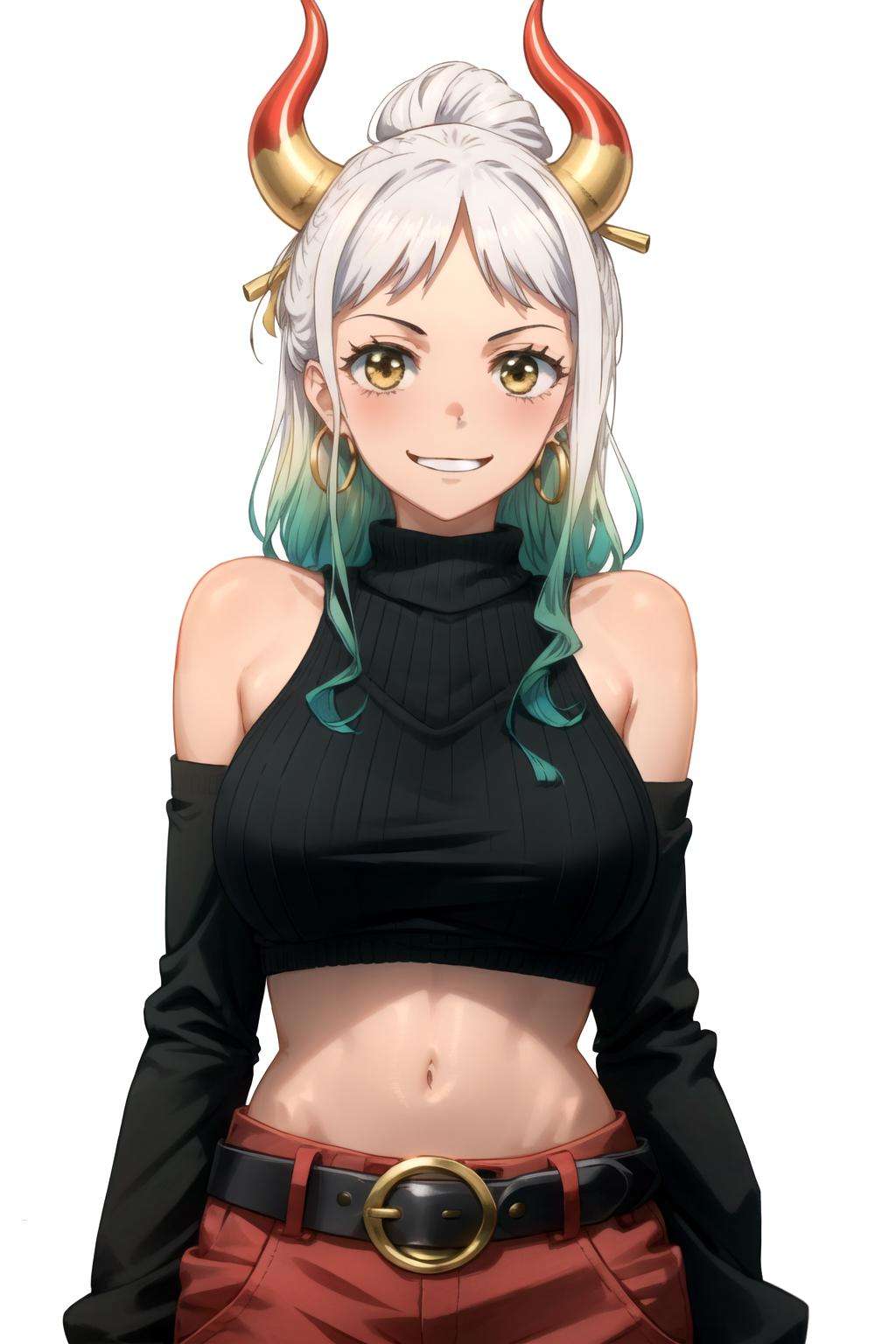 <lora:yamato_v2:0.7>yamato\(one piece\),  1girl,solo, turtleneck sweater, long sleeves, black sweater, colored horn, multicolored hair, pants, upper body, belt, smile, happy, blush,shiny skin, white hair,green hair, bare shoulders, hoop earrings, large breasts, free style <lyco:free_style:1>, white background,long hair