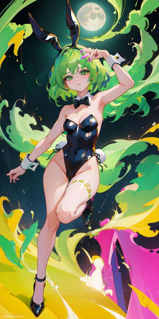 <lora:DreamArtV1.3:1>, 1girl, moon, playboy bunny, green hair, night, abstract, highres, best quality, 