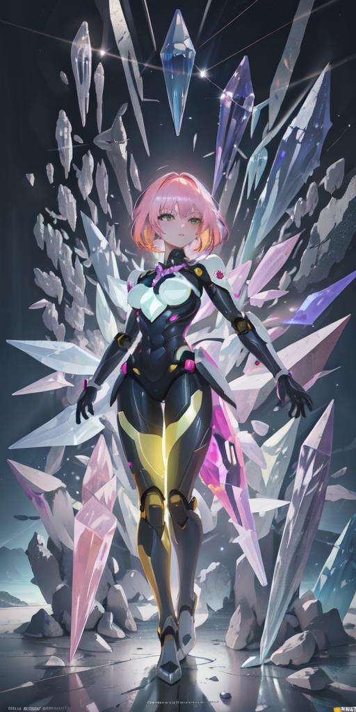 <lora:DreamArtV1.3:1>, (city, lights), comic, robot, detailed, high quality, best quality, masterpiece, yellow mechanical parts, full body, standing, looking at viewer, in the middle, crystal, pink hair, 