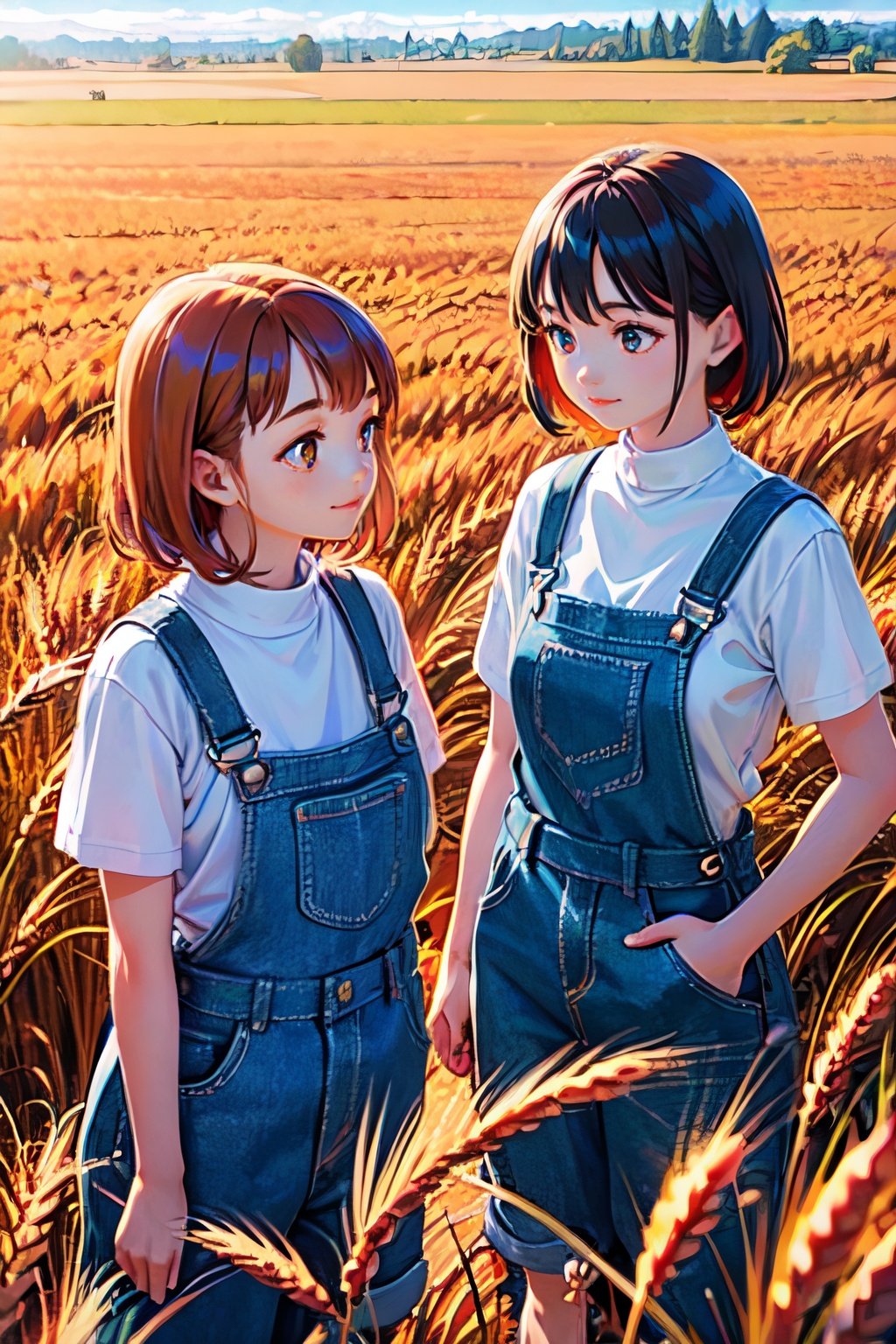 2girls, outdoors, gold eyes, orange hair, overalls, wheat field,