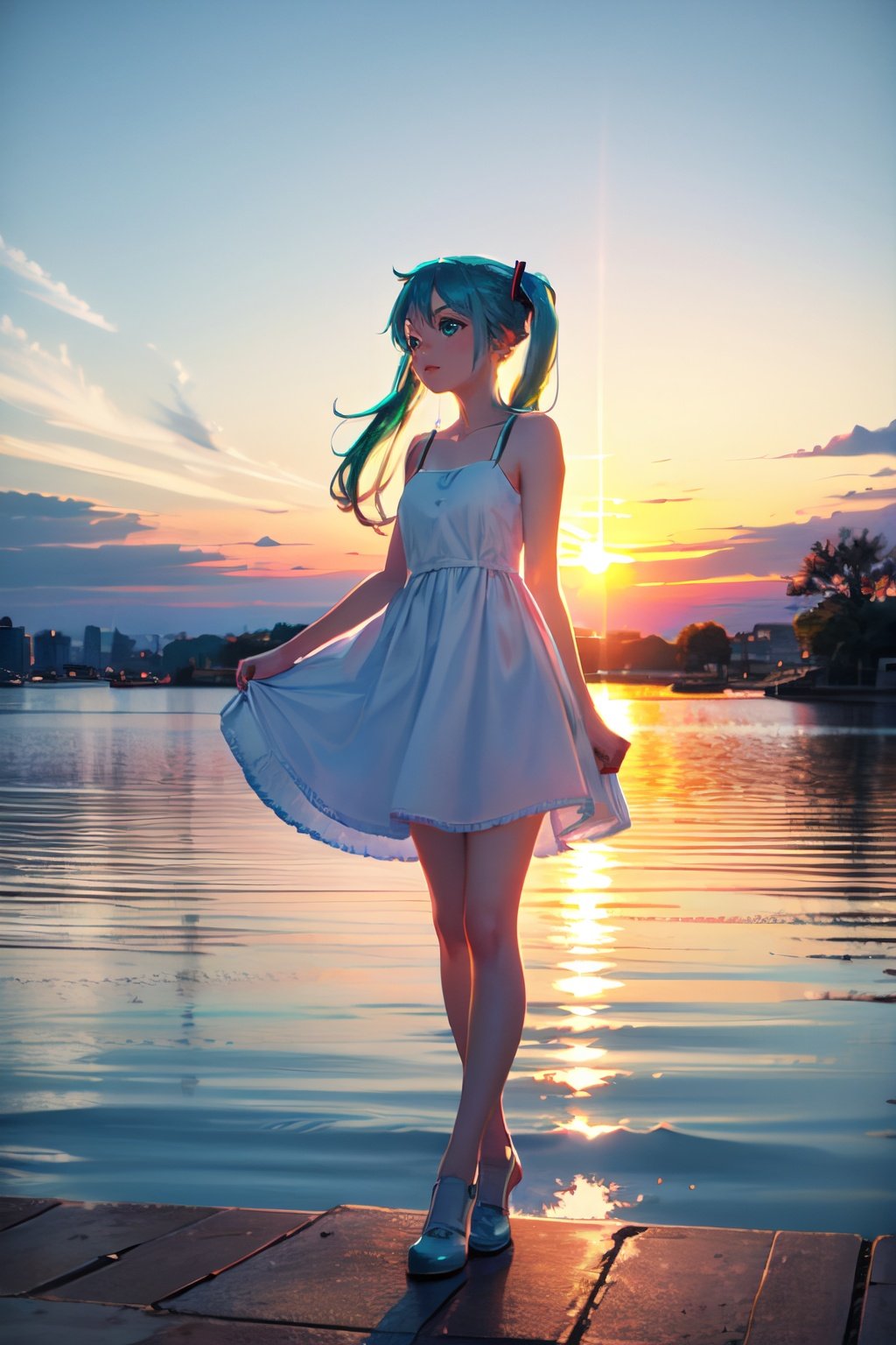 1girl, hatsune miku, outdoors, sundress, sunset, snike, full body, wide shot,