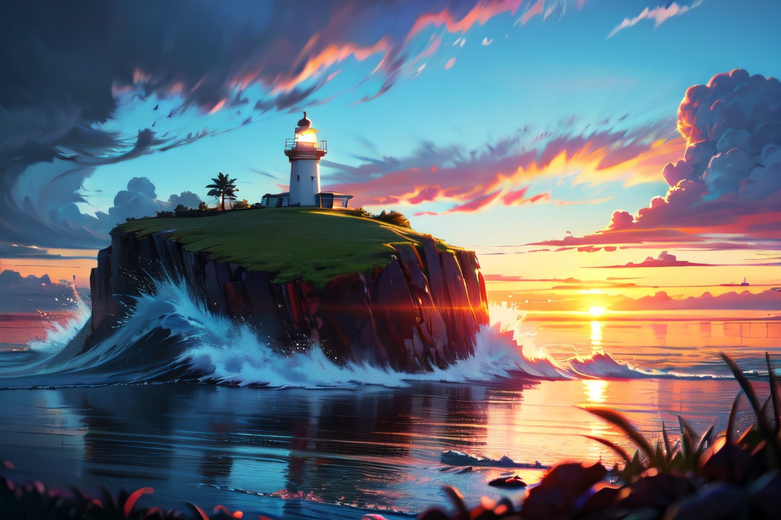 lighthouse, island, ocean, waves, sunlight, depth of field, grass, scenery, very wide shot, 