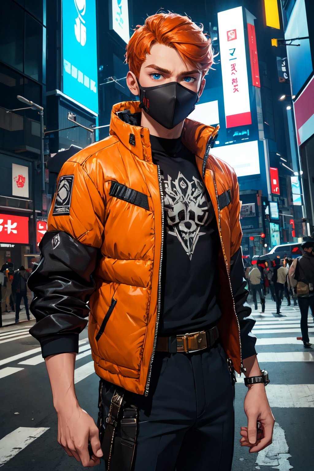 (Masterpiece:1.2), (high quality:1.2), (detailed:1.3) 1boy, cyberpunk, intricate clothing, orange hair, blue eyes, mask,  looking at viewer, Shibuya, cowboy shot, sci-fi