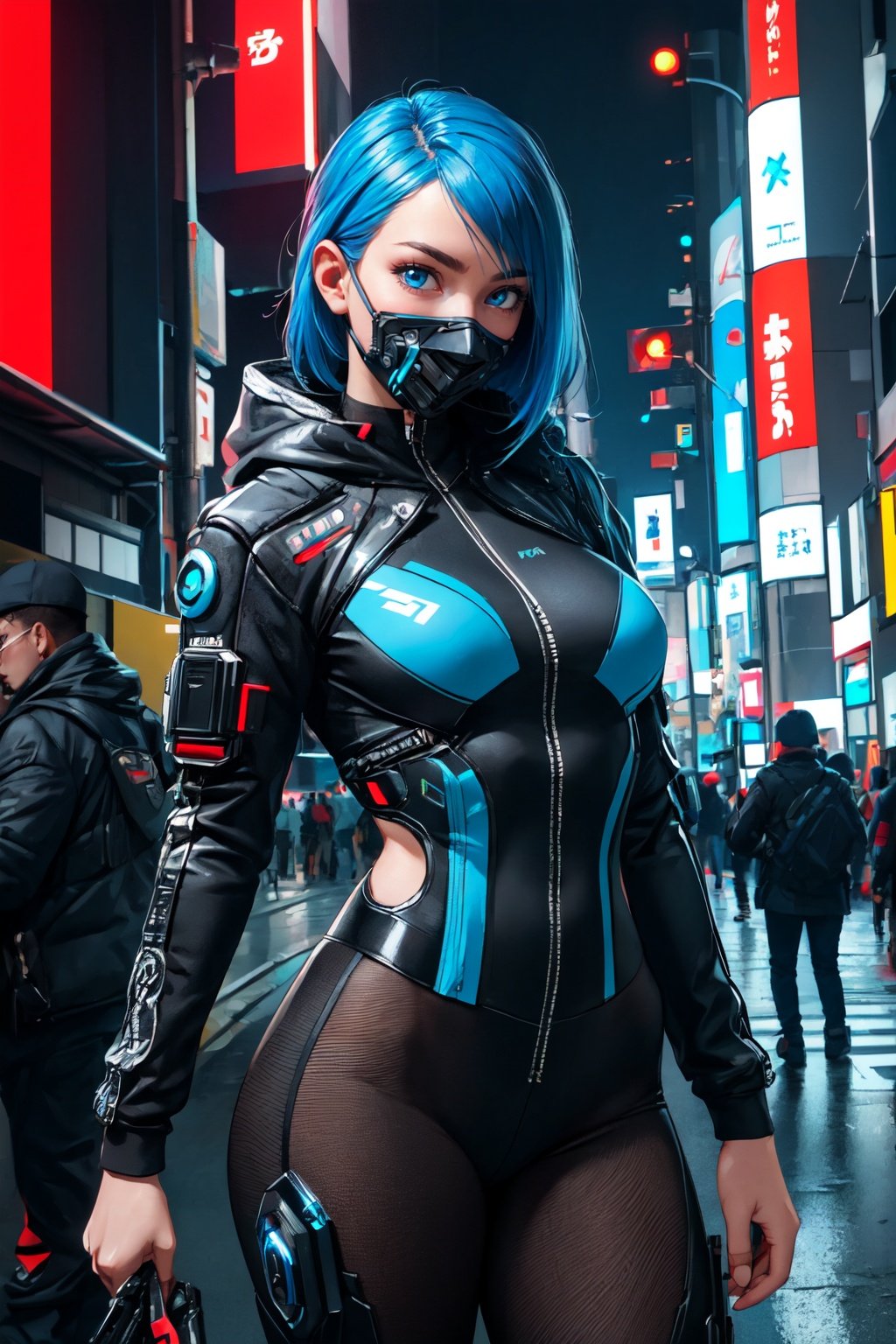 (Masterpiece:1.2), (high quality:1.2), (detailed:1.3) 1girl cyberpunk, intricate clothing, blue hair, blue eyes, mask,  looking at viewer, Shibuya, cowboy shot, sci-fi