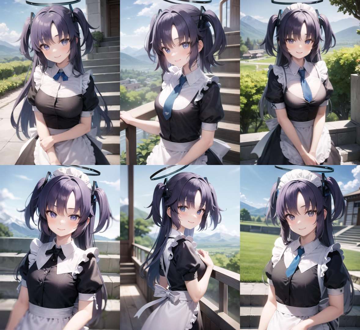 <lyco:yuuka1-000004:1.0>, yuukarnd, upper body, smile, blush, outdoors, day, simple background, blue sky, sky, temple, looking at viewer, stairs, mountain, moody lighting, facing viewer, maid, maid outfit, apron, white headdress,