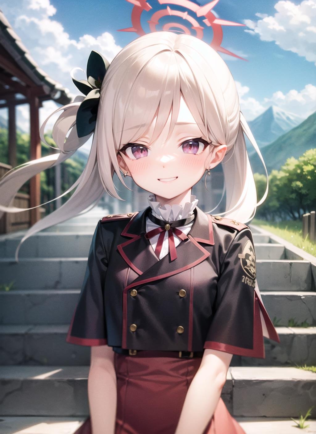 <lyco:mutsuki1-000005:1.0>, mutsukidef, upper body, smile, blush, outdoors, day, simple background, blue sky, sky, temple, looking at viewer, stairs, mountain, moody lighting, facing viewer,