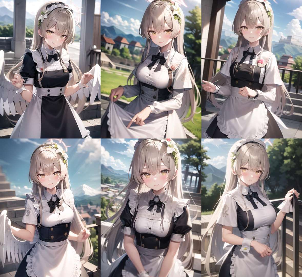 <lyco:nagisa1-000006:1.0>, nagisarnd, upper body, smile, blush, outdoors, day, simple background, blue sky, sky, temple, looking at viewer, stairs, mountain, moody lighting, facing viewer, maid, maid outfit, apron, white headdress,