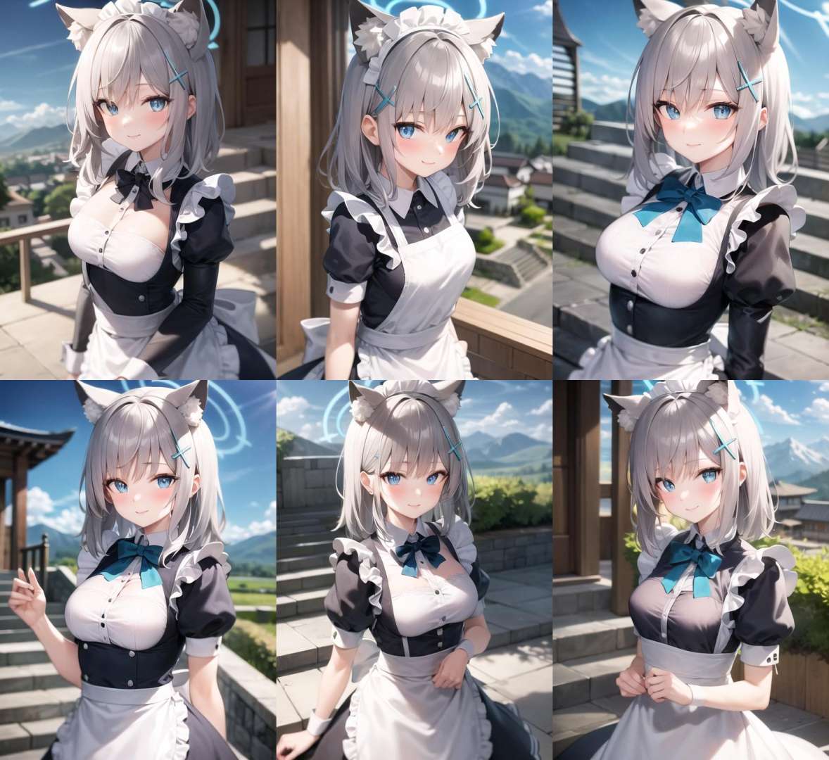 <lyco:shiroko1-000006:1.0>, shirokornd, upper body, smile, blush, outdoors, day, simple background, blue sky, sky, temple, looking at viewer, stairs, mountain, moody lighting, facing viewer, maid, maid outfit, apron, white headdress,