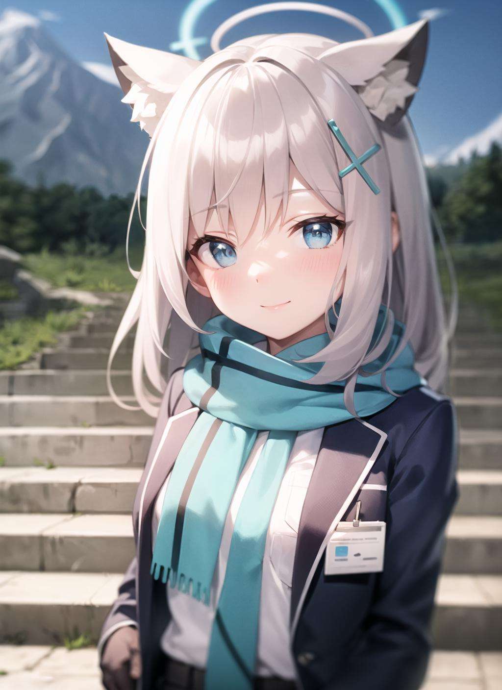 <lyco:shiroko1-000006:1.0>, shirokodef, upper body, smile, blush, outdoors, day, simple background, blue sky, sky, temple, looking at viewer, stairs, mountain, moody lighting, facing viewer,