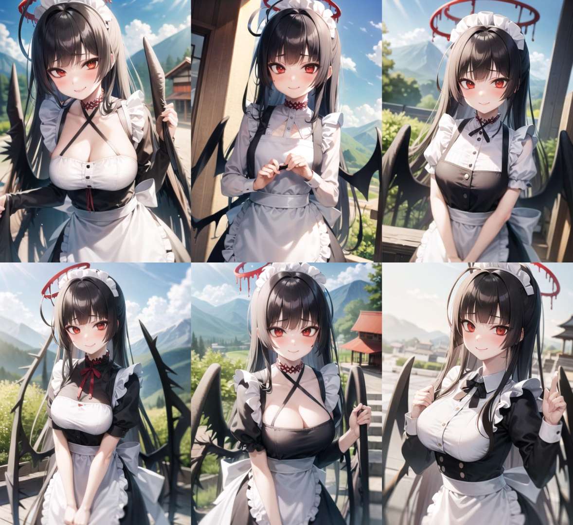 <lyco:tsurugi1-000006:1.0>, tsurugirnd, upper body, smile, blush, outdoors, day, simple background, blue sky, sky, temple, looking at viewer, stairs, mountain, moody lighting, facing viewer, maid, maid outfit, apron, white headdress,