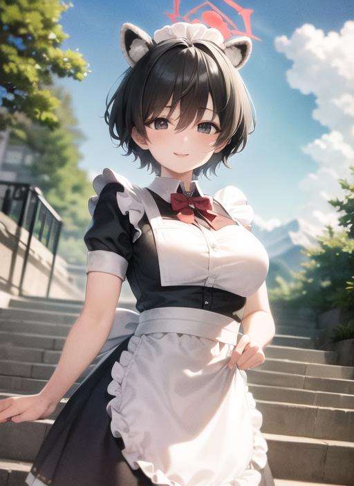 <lyco:tsubaki1-000007:1.0>, tsubakirnd, upper body, smile, blush, outdoors, day, simple background, blue sky, sky, temple, looking at viewer, stairs, mountain, moody lighting, facing viewer, maid, maid outfit, apron, white headdress,