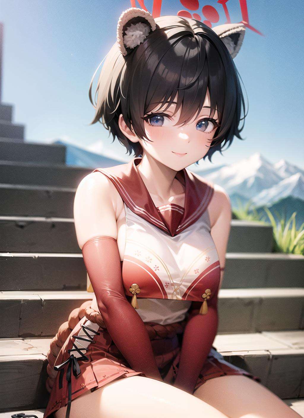 <lyco:tsubaki1-000007:1.0>, tsubakidef, upper body, smile, blush, outdoors, day, simple background, blue sky, sky, temple, looking at viewer, stairs, mountain, moody lighting, facing viewer,