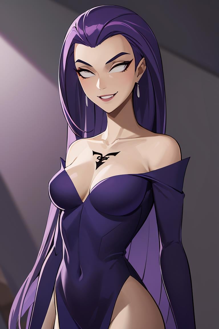 ((masterpiece,best quality)), absurdres,<lora:Tala_DC:0.6>, Tala_DC, detailed face, purple dress, (evil), evil smile, no pupils, no iris, magic in background, cinematic composition, 