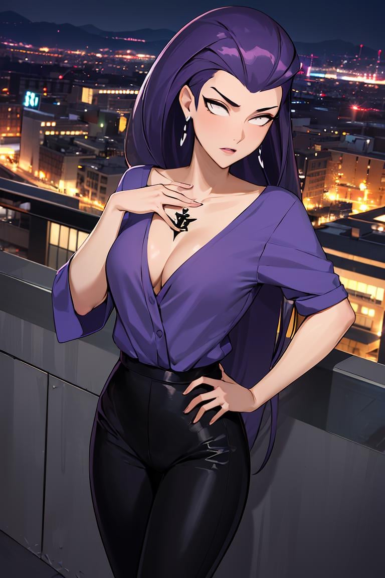 ((masterpiece,best quality)), absurdres,<lora:Tala_DC:0.6>, Tala_DC, detailed face, purple shirt, black pants, hand on hip, city night in background, cinematic composition, 