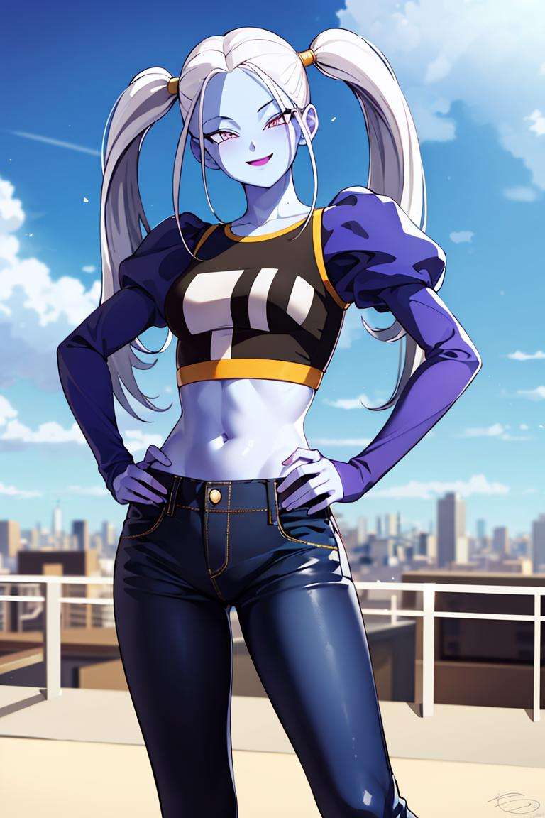 ((masterpiece,best quality)), absurdres,<lora:Marcarita_DB:0.8>, Marcarita_DB, solo,  twintails, blue skin, blue crop top, black jeans, hand on hip, blushing, smiling, detailed eyes, cowboy shot,city in background, 