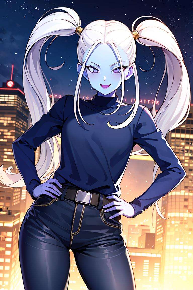 ((masterpiece,best quality)), absurdres,<lora:Marcarita_DB:0.7>, Marcarita_DB, solo,  twintails, blue skin, blue shirt, black jeans, hand on hip, blushing, smiling, detailed eyes, cowboy shot,city in background, 