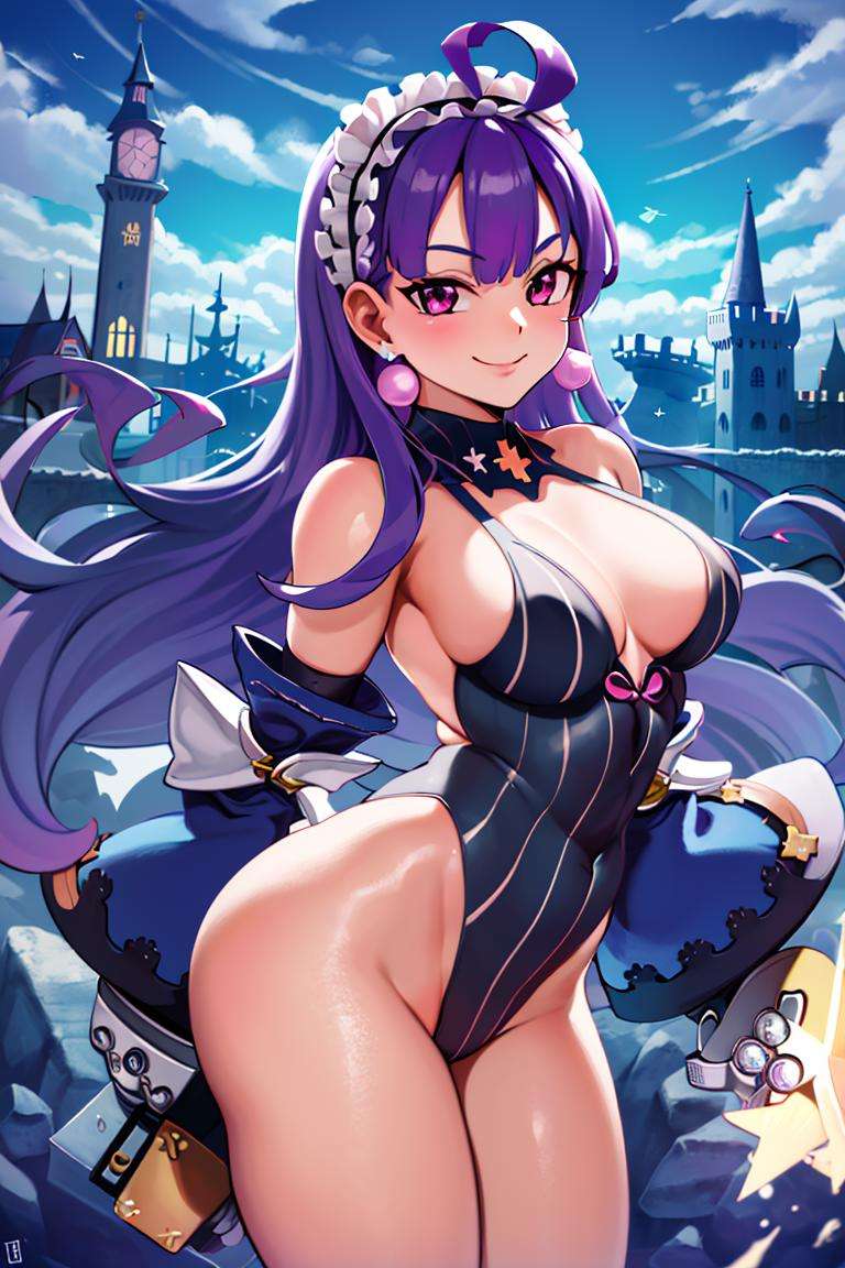 ((masterpiece,best quality)), absurdres,<lora:Dark_Eclair:1>, Dark_Eclair, 1girl, solo, smug, smiling, leotard, ahoge, bare shoulders, maid headdress, long purple hair, looking at viewer, leotard, holding lance, looking at viewer, castle and towers in background, cinematic composition, dynamic pose,