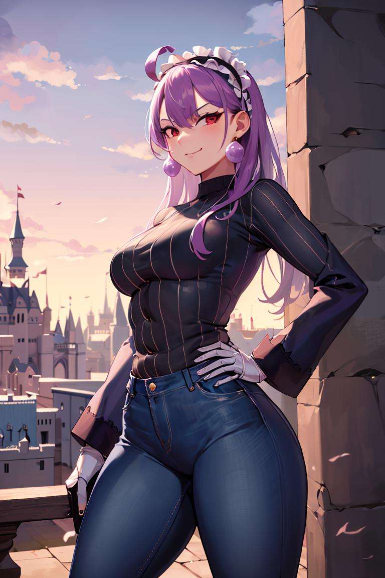 ((masterpiece,best quality)), absurdres,<lora:Dark_Eclair:0.7>, Dark_Eclair, solo, black shirt, (denim pants), smug, looking at viewer,castle background, cinematic composition, dynamic pose,