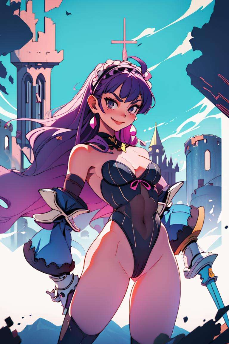 ((masterpiece,best quality)), absurdres,<lora:Dark_Eclair:0.9>, Dark_Eclair, 1girl, solo, smug, leotard, holding lance, looking at viewer, castle and towers in background, cinematic composition, dynamic pose,