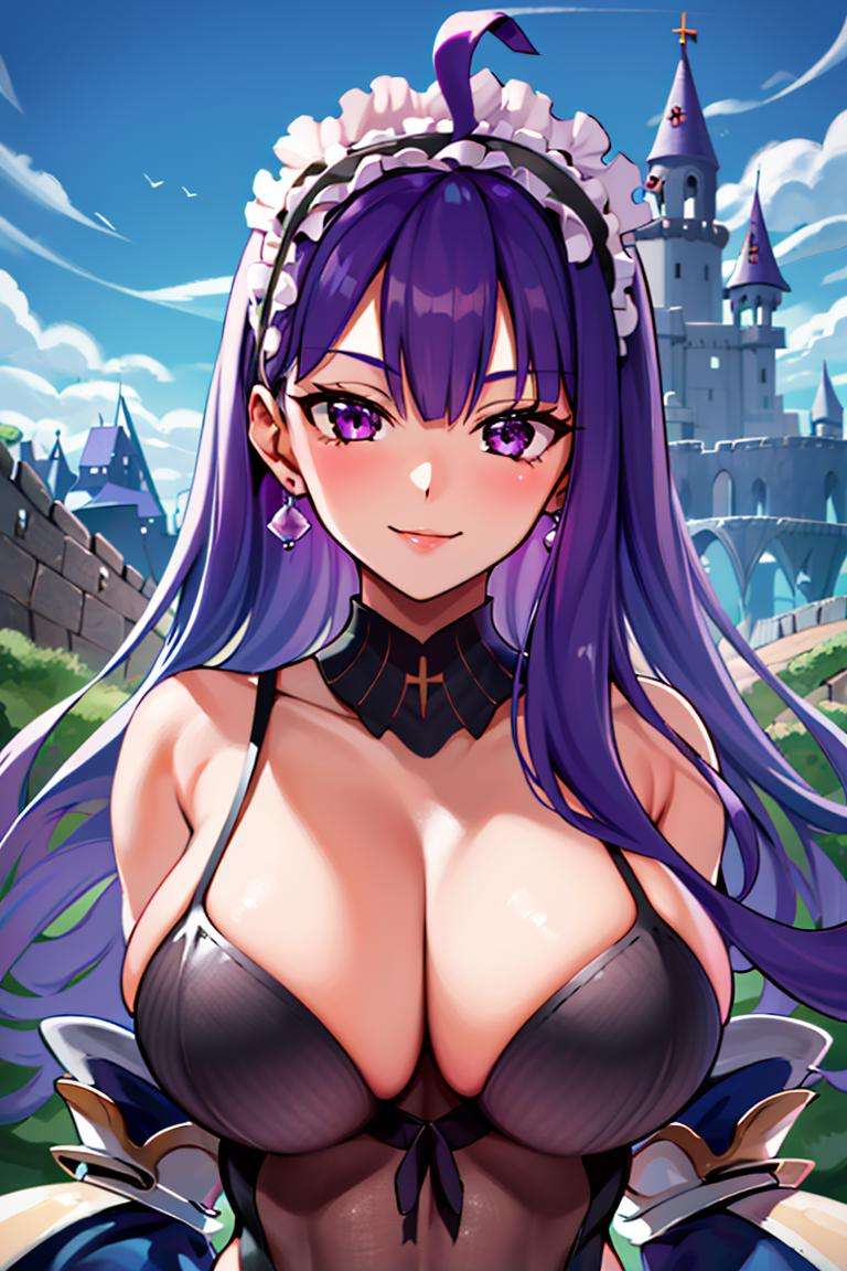 ((masterpiece,best quality)), absurdres,<lora:Dark_Eclair:1>, Dark_Eclair, 1girl, solo, smug, smiling, leotard, ahoge, bare shoulders, maid headdress, long purple hair, looking at viewer, upper body, detailed face, up close,castle and towers in background, cinematic composition,