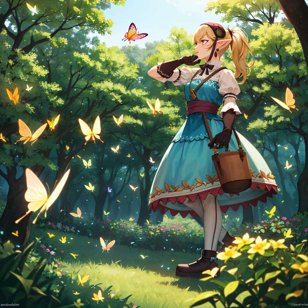 ((masterpiece,best quality)), absurdres,  <lora:Agitha_Zelda:0.7>, Agitha_Zelda, 1girl, solo, forest, flowers, and butterflies in background, cinematic composition, dynamic pose,