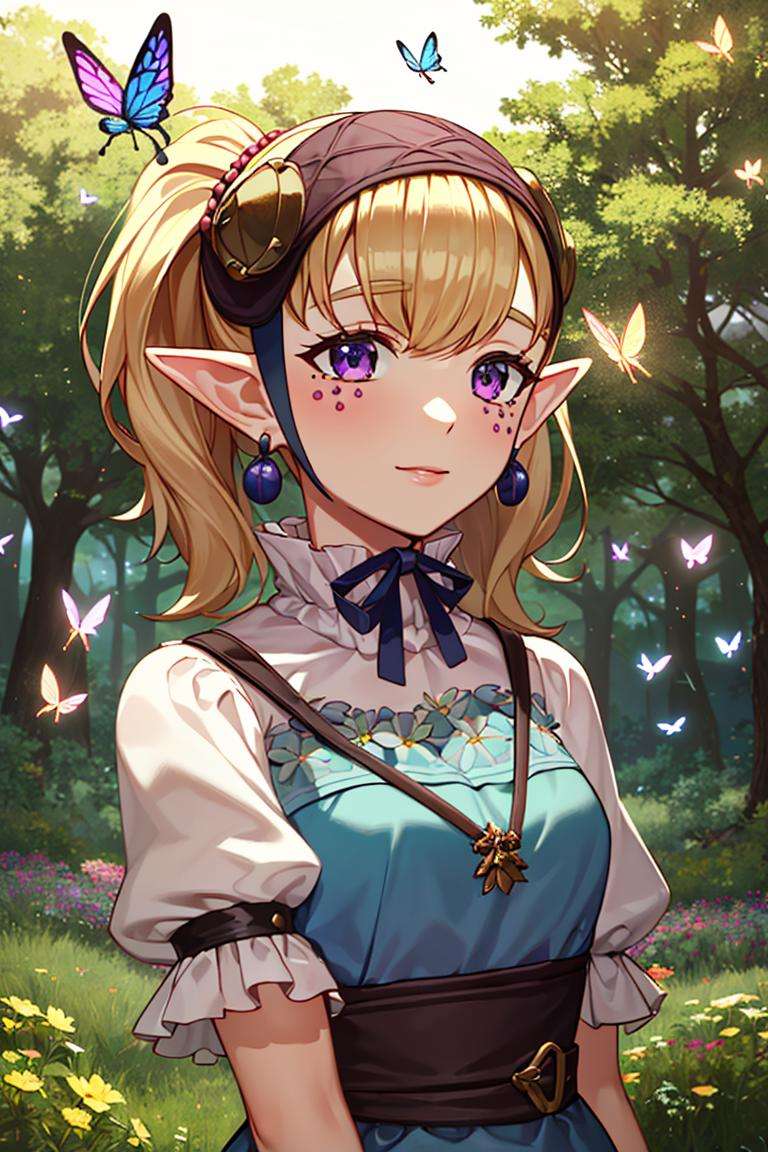 ((masterpiece,best quality)), absurdres,<lora:Agitha_Zelda:0.7>, Agitha_Zelda, 1girl, solo, happy, detailed face, upper body, forest, flowers, and butterflies in background, cinematic composition, 