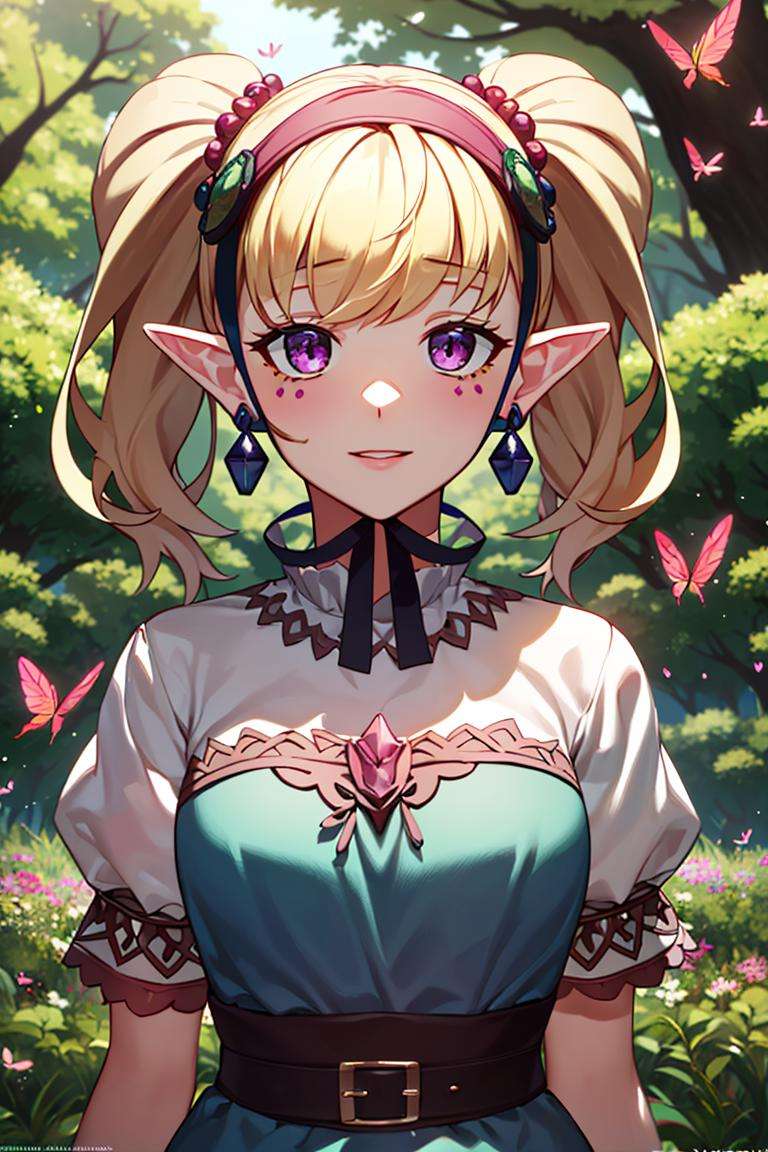 ((masterpiece,best quality)), absurdres,<lora:Agitha_Zelda:0.7>, Agitha_Zelda, 1girl, solo, happy, detailed face, upper body, forest, flowers, and butterflies in background, cinematic composition, 