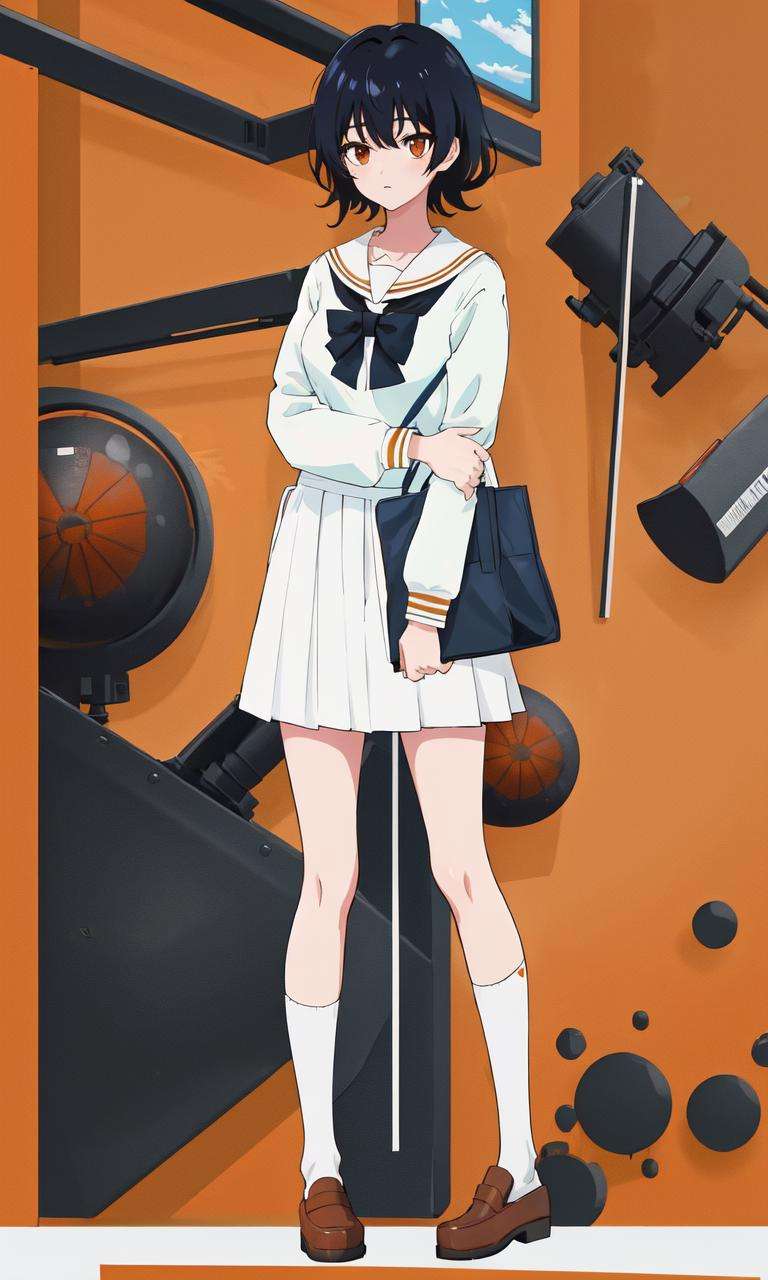 <lora:Chiharu:0.5>, 1girl, high quality, highres, masterpiece, best quality, black hair, school, Chiharu Aoi, full body, standing, Orange| white,