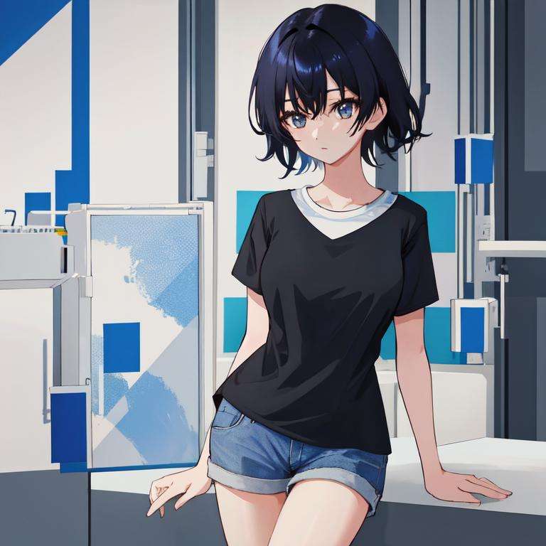 <lora:Chiharu:0.5>, 1girl, high quality, highres, masterpiece, best quality, black hair, (blue shirt), Chiharu Aoi