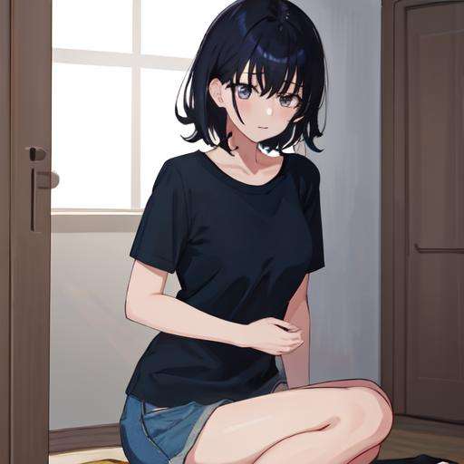 <lora:Chiharu:0.5>, 1girl, high quality, highres, masterpiece, best quality, black hair, (blue shirt), Chiharu Aoi