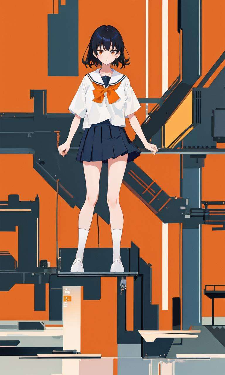 <lora:Chiharu:0.5>, 1girl, high quality, highres, masterpiece, best quality, black hair, school, Chiharu Aoi, full body, standing, Orange| white,