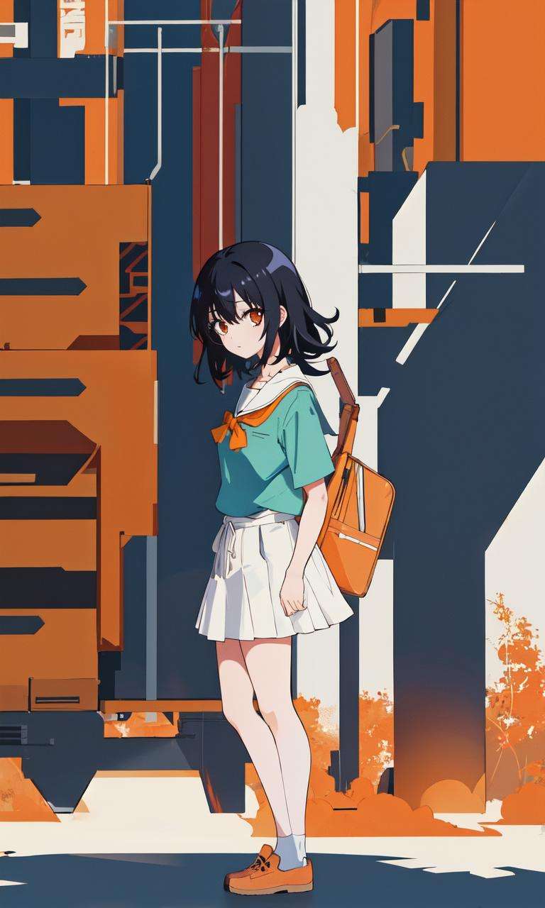 <lora:Chiharu:0.5>, 1girl, high quality, highres, masterpiece, best quality, black hair, school, Chiharu Aoi, full body, standing, Orange| white,