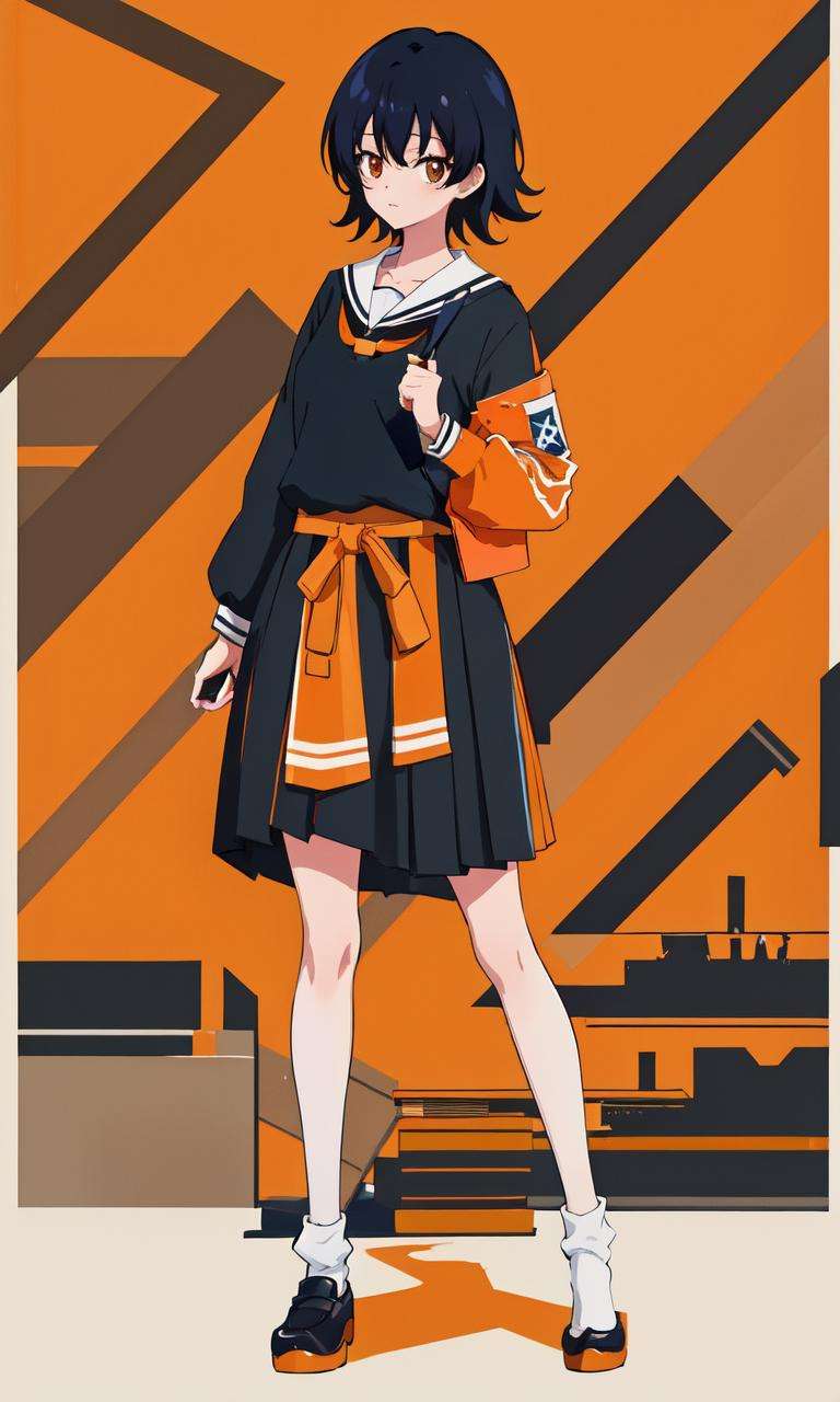 <lora:Chiharu:0.5>, 1girl, high quality, highres, masterpiece, best quality, black hair, school, Chiharu Aoi, full body, standing, Orange| white,