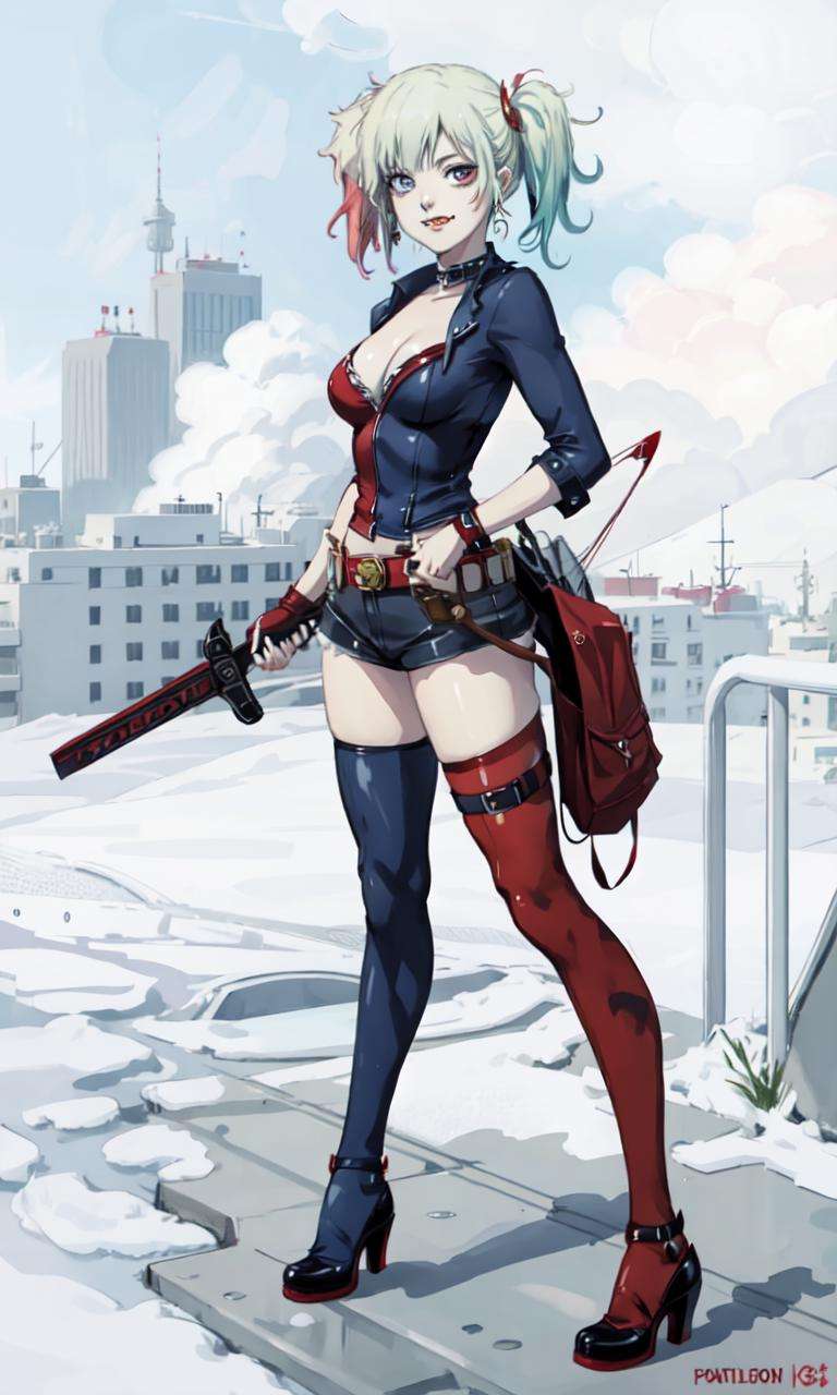 <lora:HaleyQuinn:0.5>, harley quinn, realistic, high quality, portrait, full body, anime, city, weapon, holding weapon, 