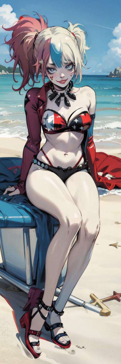 <lora:Haley-10:0.5>, harley quinn, realistic, high quality, portrait, full body, anime, beach, 