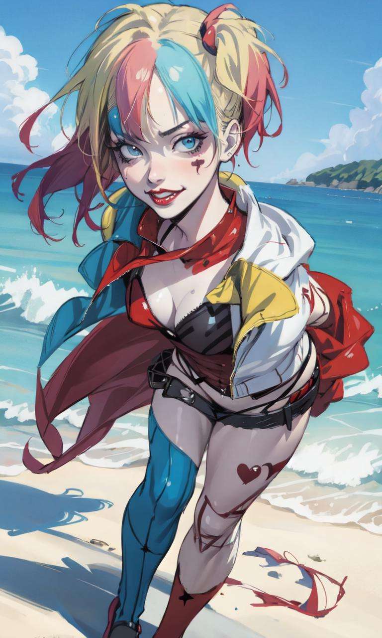 <lora:Haley-10:0.5>, harley quinn, realistic, high quality, portrait, full body, anime, beach, 