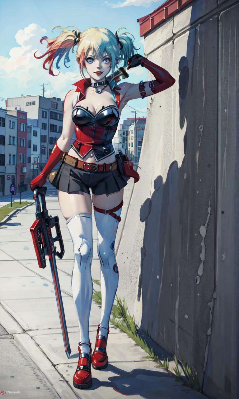 <lora:HaleyQuinn:0.5>, harley quinn, realistic, high quality, portrait, full body, anime, city, weapon, holding weapon, 