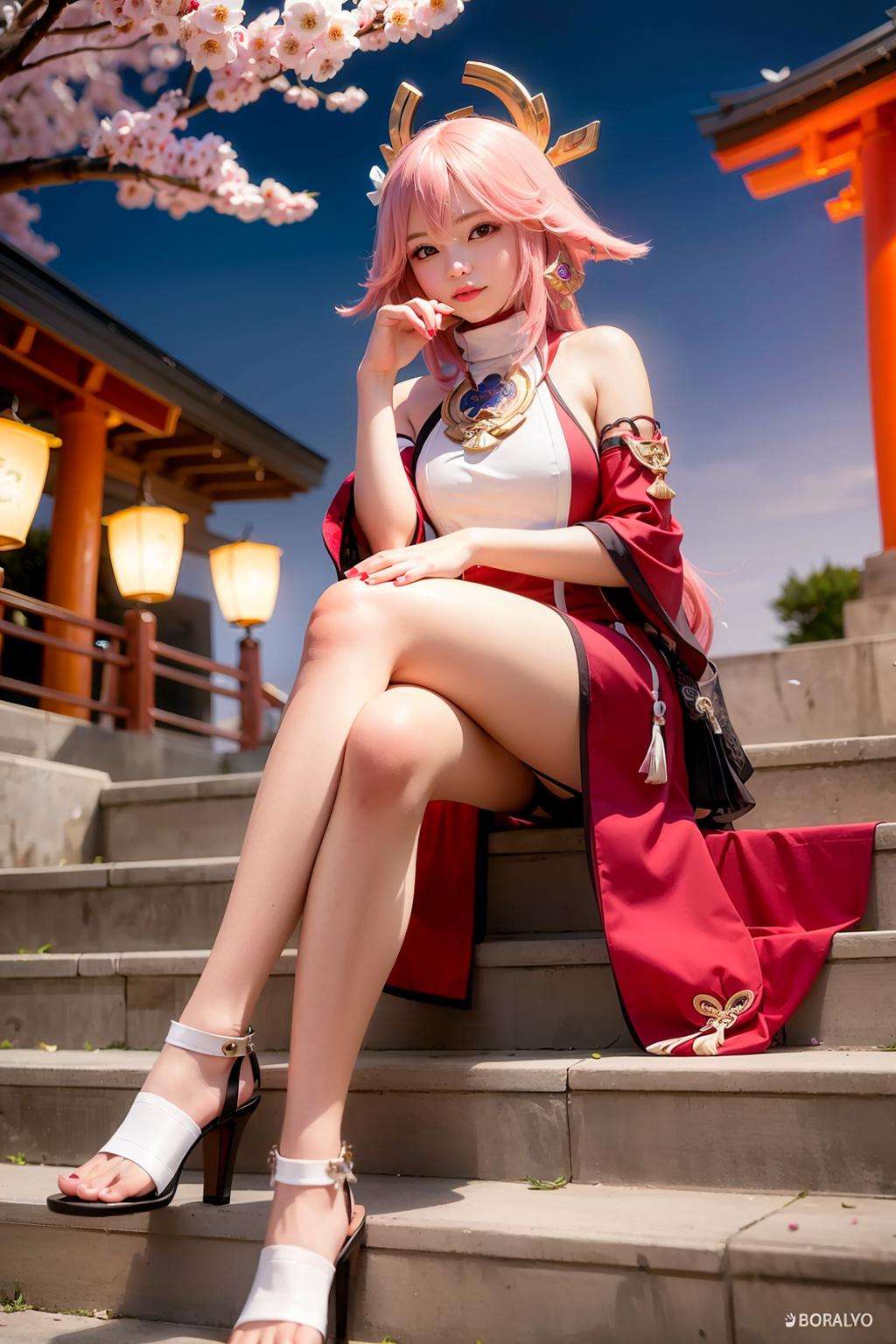 masterpiece, best quality, <lora:yaemiko:1>,yae miko, breasts, pink hair, detached sleeves, long hair, multiple girls, legs, sitting, purple eyes, large breasts, jewelry, crossed legs, sideboob, looking at viewer, japanese clothes, cherry blossoms, animal ears, earrings, petals, anklet, thighs, fox ears, bangs, stairs, wide sleeves, hair ornament, bare shoulders, lantern, hair between eyes,  bare legs, sandals, smile, torii, night, 1boy, outdoors, very long hair