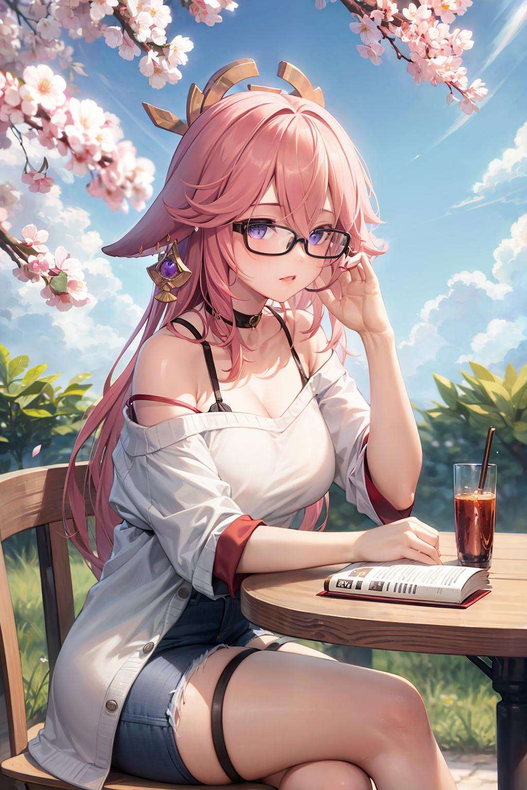 masterpiece, best quality, <lora:yaemiko:1>,1girl, solo, glasses, long hair, animal ears, pink hair, book, shirt, purple eyes, sitting, tree, yae miko, white shirt, fox ears, head rest, thigh strap, crossed legs, bangs, alternate costume, outdoors, choker, floppy ears, cherry blossoms, table, black skirt, bespectacled, breasts, off shoulder, elbow rest, skirt, casual, day, hair between eyes, thighs, black choker, off-shoulder shirt, open book, shorts, contemporary, bare shoulders