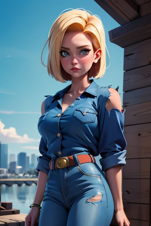 masterpiece, best quality, ultra-detailed, absurdres, Potrait of beautiful Android18 , solo, denim, breasts, belt, medium_breasts, outdoors, torn_clothes, volumetric lighting, best quality, masterpiece, intricate details, tonemapping, sharp focus, hyper detailed, 