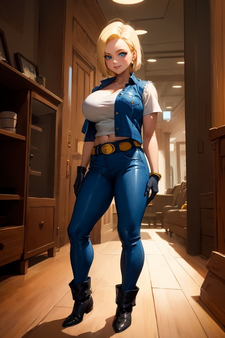 best quality, highres, and18, 1girl, android 18, solo, blonde hair, blue eyes, belt, jeans, pearl_necklace, bracelet, black gloves, white shirt, short hair, short sleeves, earrings, blue pants, open vest, black vest, large breasts, , cowboy shot, mall, smile,  