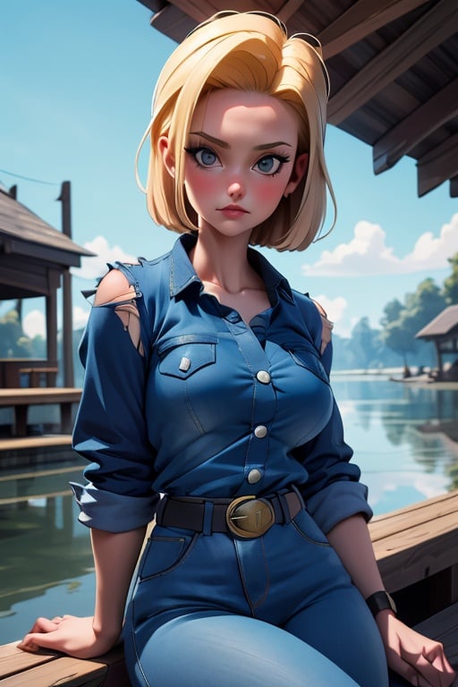 masterpiece, best quality, ultra-detailed, absurdres, Potrait of beautiful Android18 , solo, denim, breasts, belt, medium_breasts, outdoors, torn_clothes, volumetric lighting, best quality, masterpiece, intricate details, tonemapping, sharp focus, hyper detailed, 