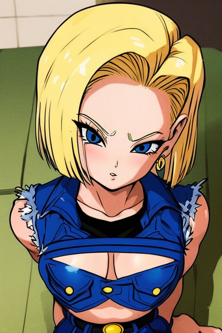 1girl, solo, android 18, blonde hair, blue eyes, short hair, earrings, jewelry, denim vest, open vest, black pantyhose, black shirt, denim skirt, striped long