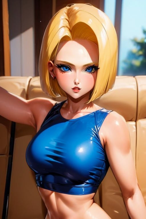 1girl, solo, android 18, blonde hair, blue eyes, short hair,