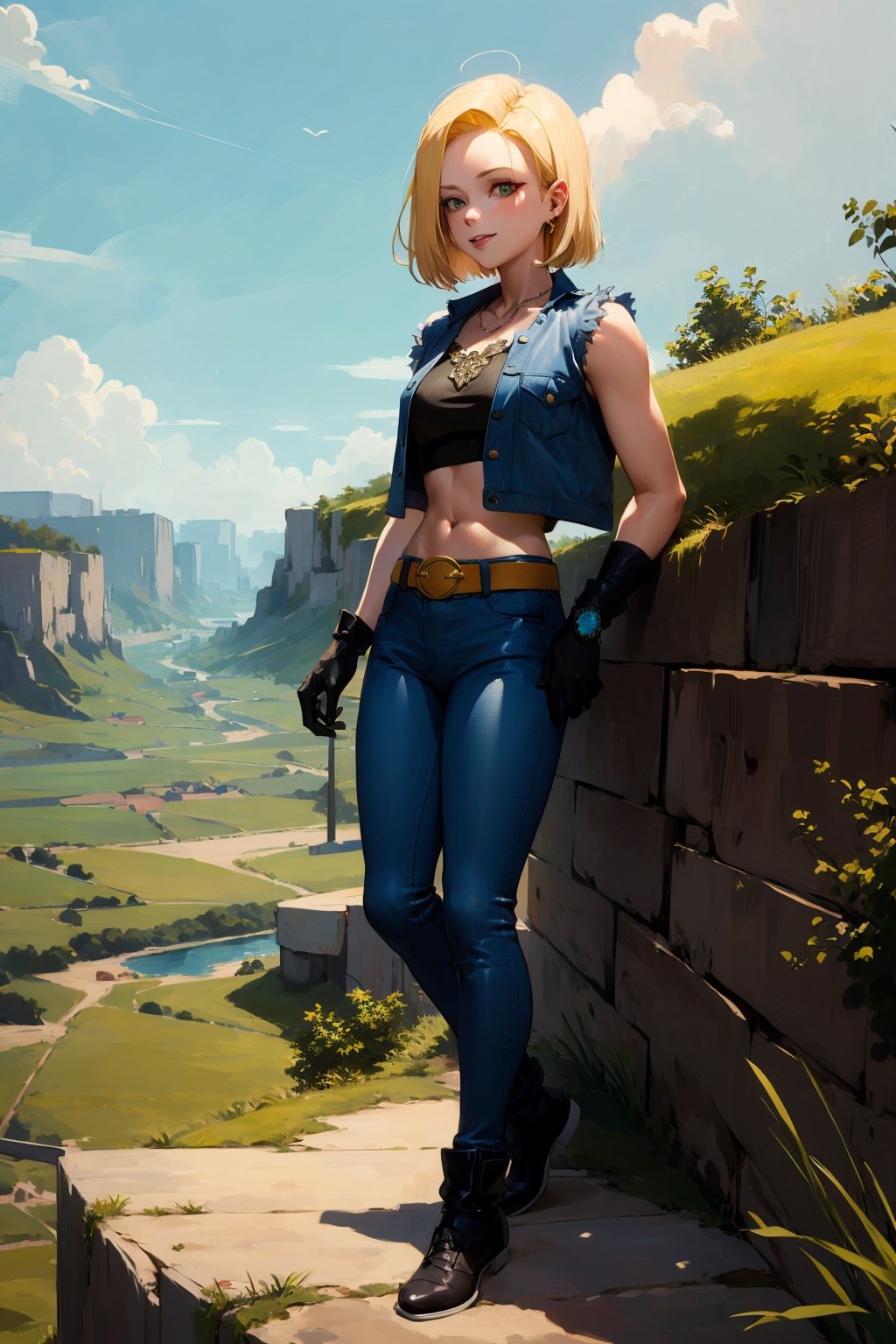 masterpiece, best quality, ultra-detailed, absurdres, Portrait of beautiful Android18 , solo, earrings, jewelry, denim, smile, belt, vest, cloud, sky, day, pants, outdoors, gloves, necklace, jeans, rock, sitting, sitting_on_rock, volumetric lighting, best quality, masterpiece, intricate details, tonemapping, , 