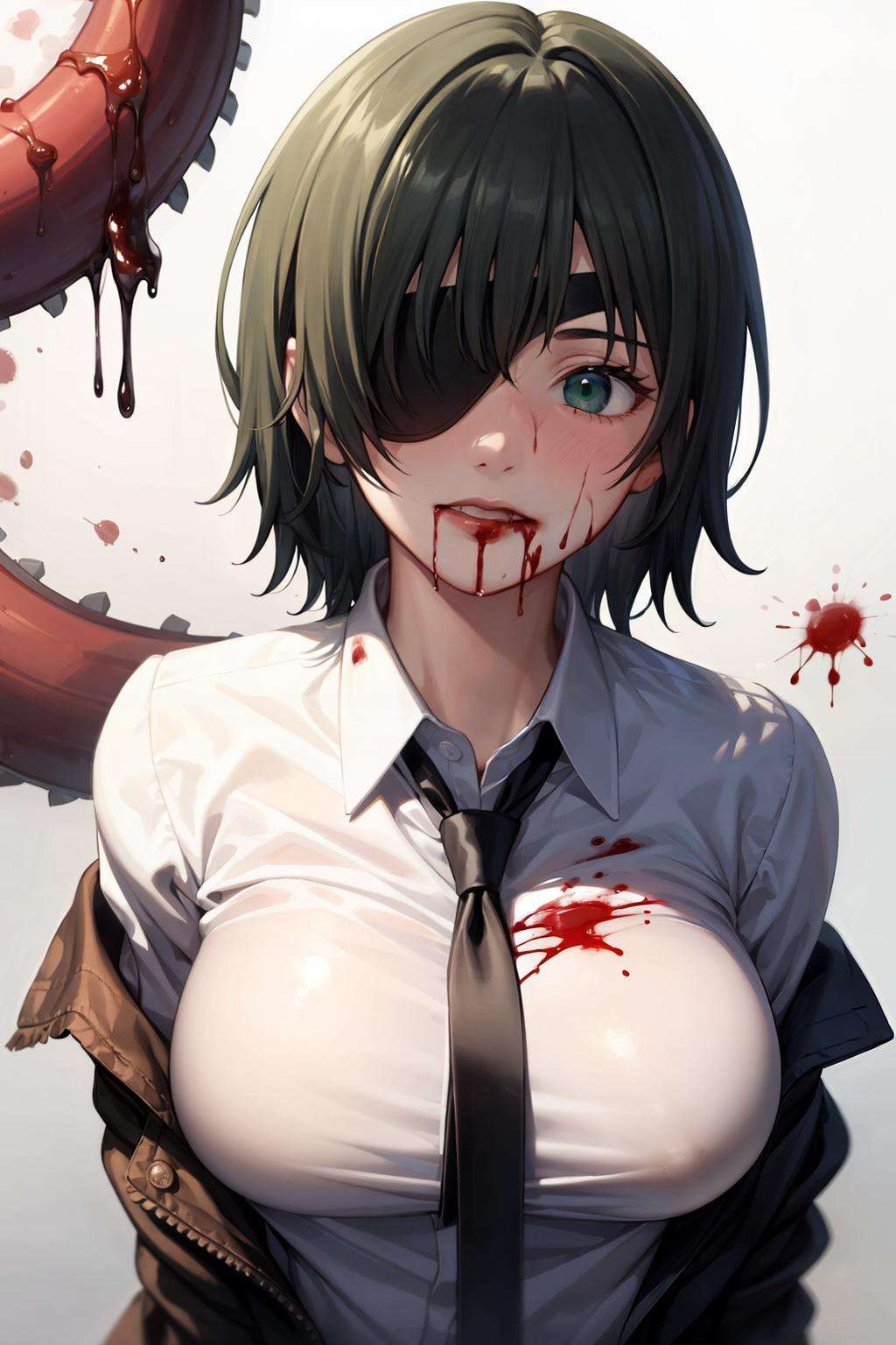 masterpiece, best quality,  <lora:himeno:1>,1girl, blood, black necktie, flower, black hair, himeno (chainsaw man), eyepatch, necktie, shirt, white shirt, short hair, solo, collared shirt, blood on clothes, looking at viewer, green eyes, white flower, breasts, blood on face, blood from mouth, upper body, bangs, nosebleed, shirt tucked in