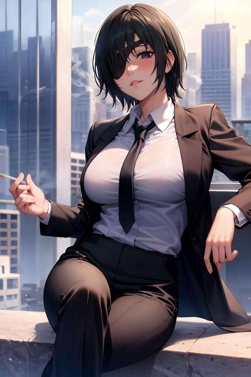 masterpiece, best quality,  <lora:himeno:1>,1girl, himeno (chainsaw man), eyepatch, cigarette, breasts, necktie, solo, black hair, holding cigarette, shirt, black necktie, sitting, pants, black pants, large breasts, white shirt, looking at viewer, collared shirt, smoking, short hair, v, holding, long sleeves, city, bangs, jacket, formal, feet out of frame, cityscape, crossed legs, black eyes, suit, blush, shirt tucked in, smoke, black jacket, one eye covered, dress shirt, jacket removed, between fingers, building, arm support