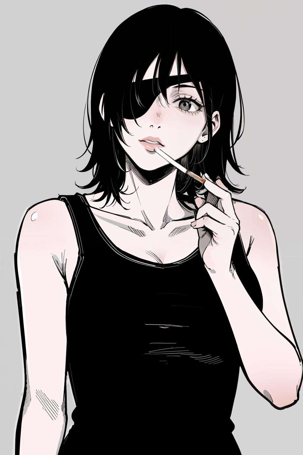 masterpiece, best quality,  <lora:himeno:1>,himeno (chainsaw man), 1girl, solo, cigarette, black hair, eyepatch, simple background, smoking, tank top, holding, grey background, medium hair, collarbone, black eyes, mouth hold, grey tank top, upper body, white tank top,monochrome, 