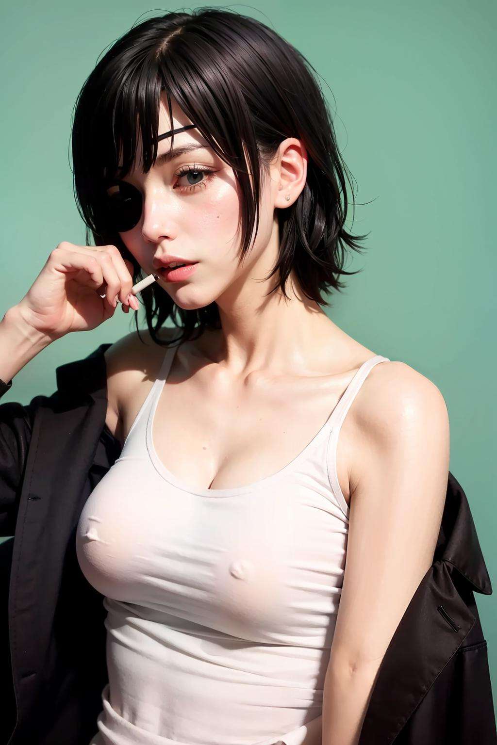 masterpiece, best quality,  <lora:himeno:1>,1girl, eyepatch, himeno (chainsaw man), solo, cigarette, tank top, breasts, smoking, black hair, short hair, simple background, medium breasts, cleavage, white tank top, collarbone, upper body, shirt, green background, white shirt, bare shoulders